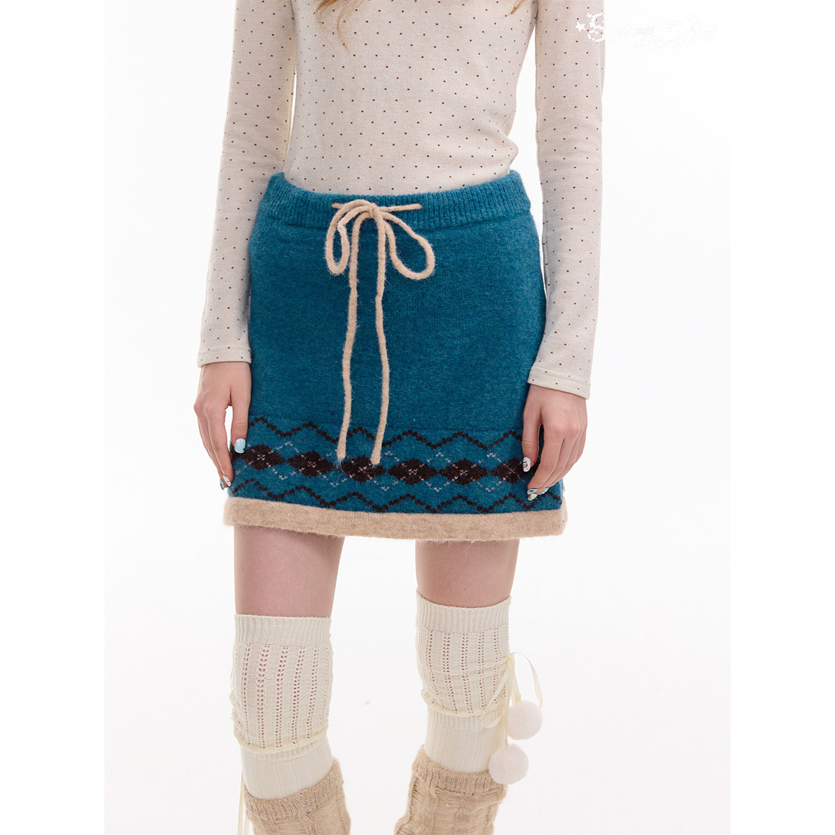 ziziFei秋冬季复古设计感费尔岛高腰显瘦a字蓝绿色针织半身短裙女,淘宝优惠券,粉丝福利购,淘宝优惠卷