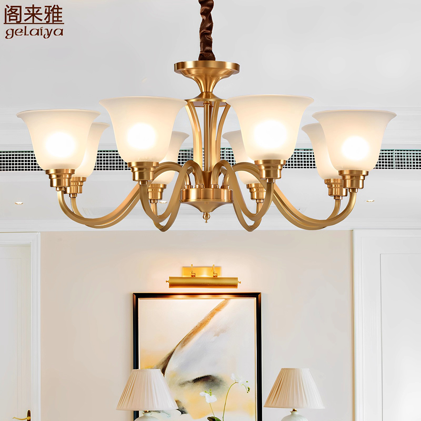 美式客厅灯简约大气 欧式复式楼餐厅灯卧室子母吊灯 仿古全铜灯具 - 图0