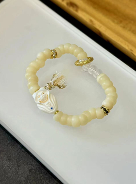 原创牛骨大肠8毫米配天然白水晶大肠纯铜镶钻大肠牛骨法老猫手串