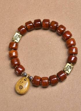 藏传回流牦牛骨桶珠文玩手串单圈玛瑙天珠藏银流苏料器配饰手链