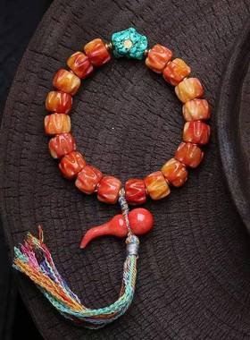 藏传回流半血骆驼骨雕刻桶珠手串单圈三七银牦牛骨尸陀林配饰佛珠