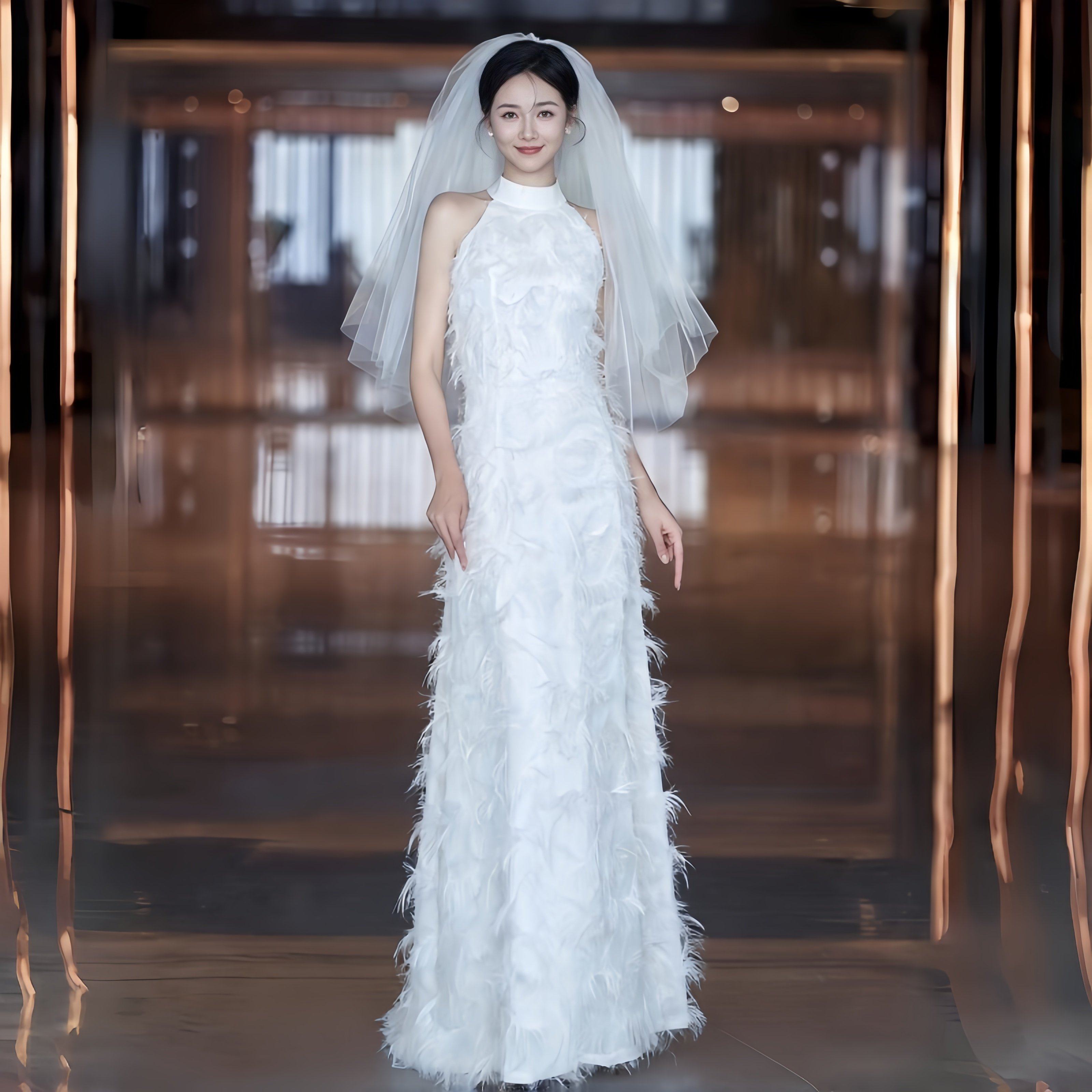 订婚连衣裙新娘晨袍敬酒服女辛苦羽毛拼接宴会气质挂脖晚礼服长裙,淘宝优惠券,粉丝福利购,淘宝优惠卷