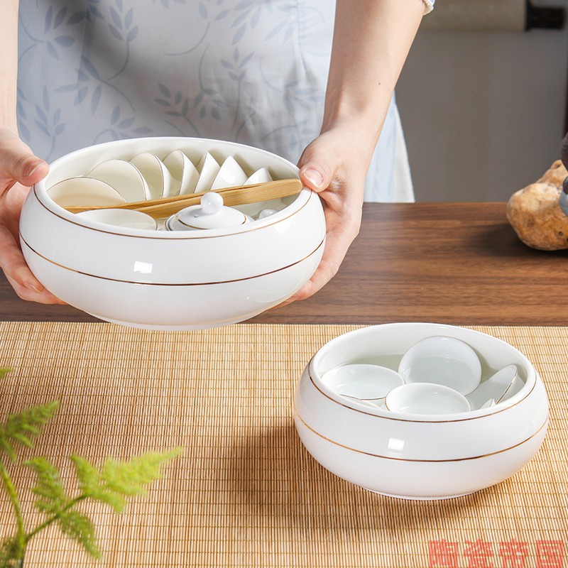 陶瓷玉瓷茶洗笔洗茶海大号家用轻奢描金边水盂洗茶具杯洗茶道配件 - 图2