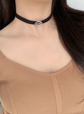 choker山茶花黑色金属日韩风吊坠