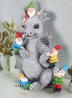 恐龙和侏儒雕塑摆件庭院家居装饰树脂工艺品户外异域庭院装饰雕塑