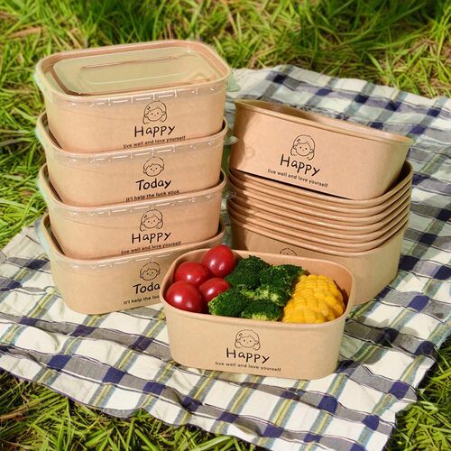 一次性牛皮纸餐盒750ml长方形外卖野餐露营水果沙拉盒纸碗打包盒 - 图2