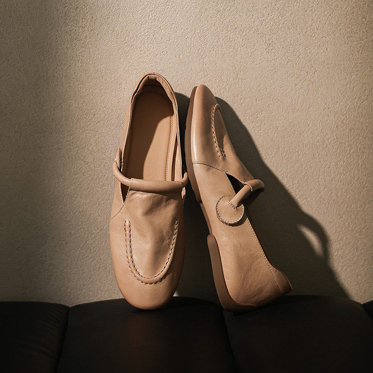 头层植鞣牛皮乐福鞋女 2.5cm 低跟浅米色隐形内增高通勤百搭单鞋,淘宝优惠券,粉丝福利购,淘宝优惠卷