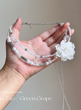 白色贝壳山茶花双层珍珠项链女2026新款设计感独特叠戴锁骨链配饰