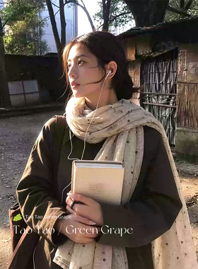 韩系文艺白色波点褶皱肌理感长条丝巾女秋冬系脖棉麻围巾披肩外搭