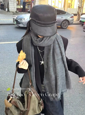 韩系灰色格子肌理感棉麻围巾女秋冬薄款丝巾系脖长条文艺披肩围脖