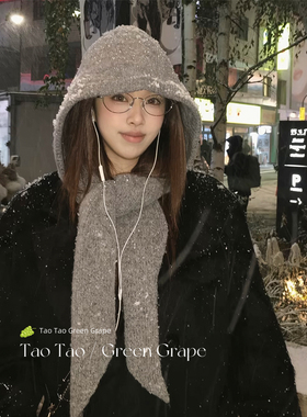 韩系灰色巴拉克拉法帽女秋冬保暖帽子围巾一体连帽围脖针织毛线帽