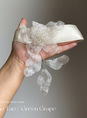 超仙白色水晶串珠网纱花朵choker项链女绑带系脖项圈颈带配饰颈链