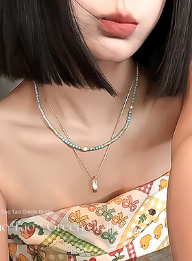 天然淡水珍珠彩色水晶串珠多巴胺项链女夏天2025新款双层叠戴颈链