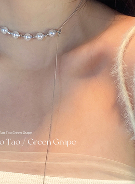 2025新款抽拉式珍珠碎银子项链女夏高级感轻奢小众锁骨链气质颈链