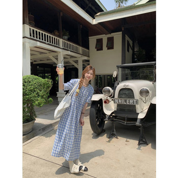 Cheese Rabbit Plaid Dress ແມ່ຍິງ summer ຍີ່ປຸ່ນອອກແບບ Puff Sleeve A-Line Skirt Premium Slim ຍາວ Skirt