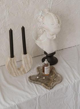 天然黄洞石烛台摆件极简大理石复古蜡烛样板间浪漫氛围装饰品摆设