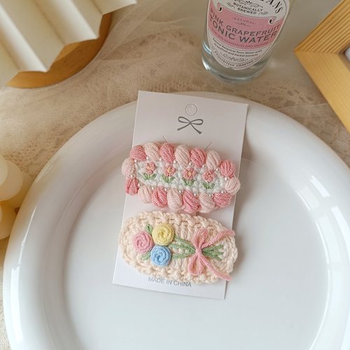 手工钩织春日甜美郁金香花朵刺绣超仙粉色侧边魔术贴碎发夹BB成品 - 图1