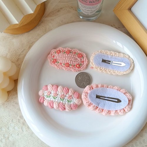 手工钩织春日甜美郁金香花朵刺绣超仙粉色侧边魔术贴碎发夹BB成品 - 图3