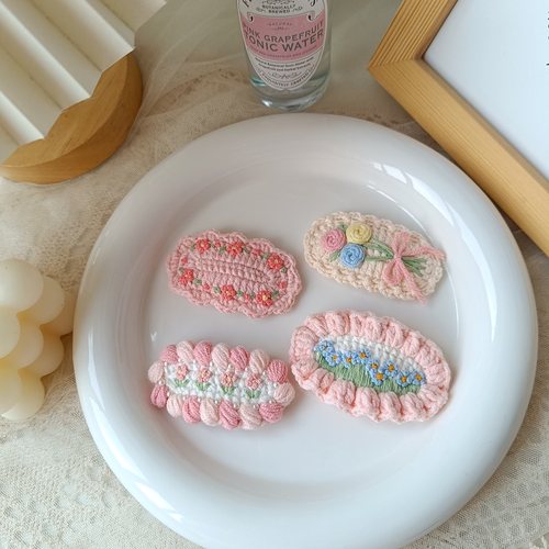 手工钩织春日甜美郁金香花朵刺绣超仙粉色侧边魔术贴碎发夹BB成品 - 图0