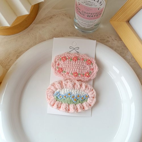 手工钩织春日甜美郁金香花朵刺绣超仙粉色侧边魔术贴碎发夹BB成品 - 图2