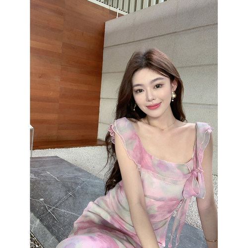ByYou 夏季新款气质晕染粉色方领雪纺碎花连衣裙显瘦法式包臀长裙 - 图1