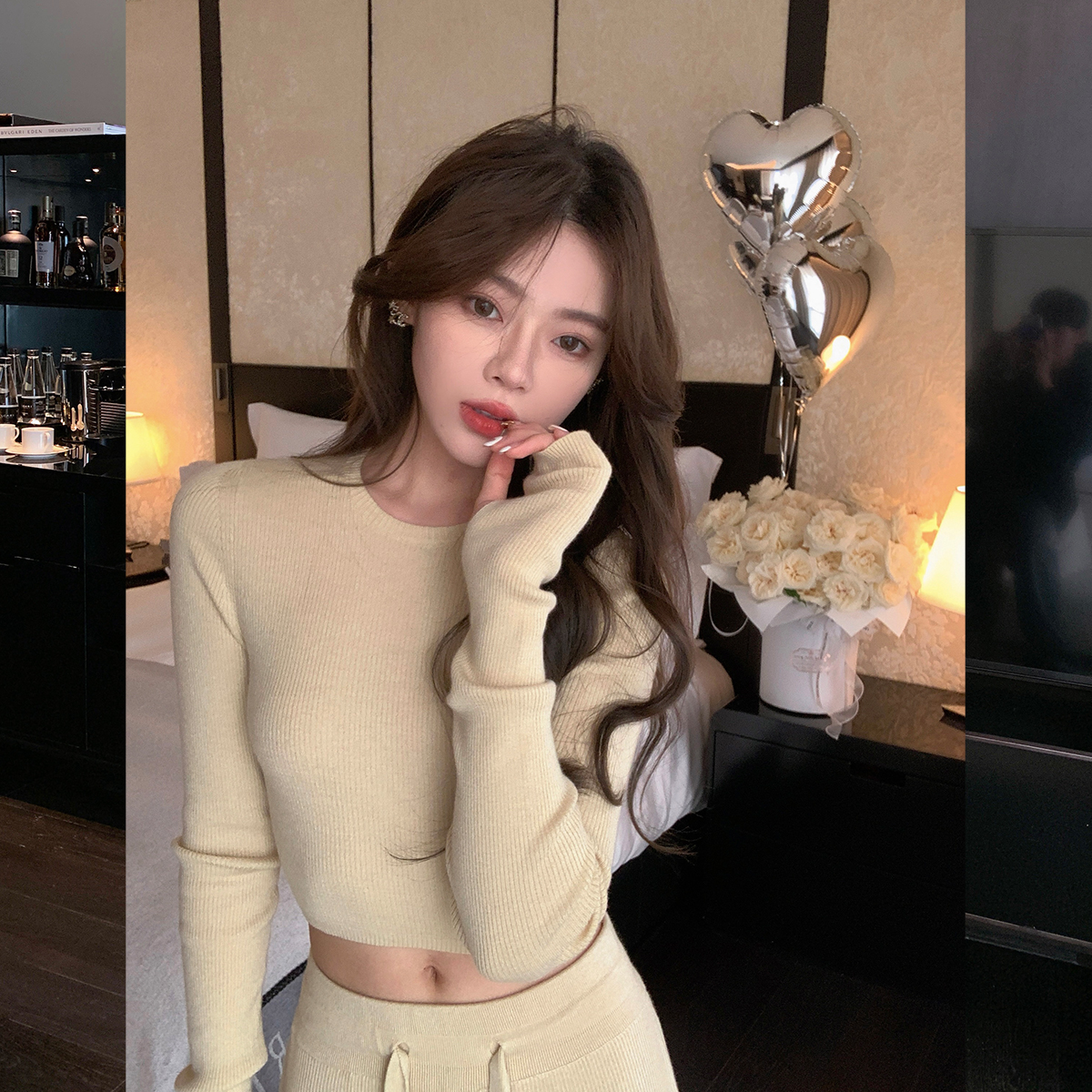 ByYou 秋冬修身短款羊毛针织衫套装女高腰宽松阔腿休闲裤子两件套 - 图1