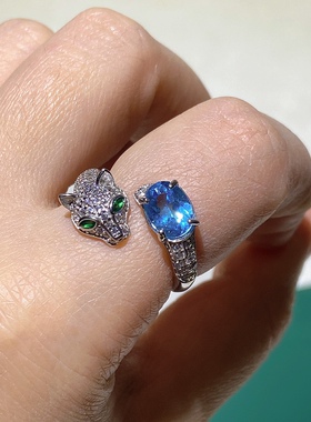 托帕石 925银镶嵌天然托帕石戒指 豹子款 上开口 送人礼物