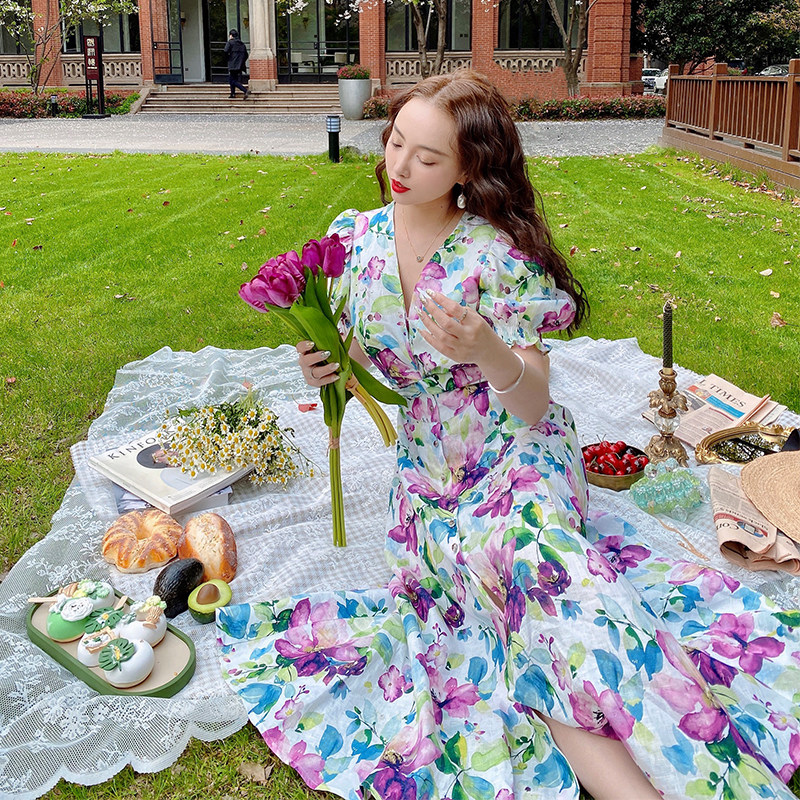 reve高定天丝亚麻紫槿花法式连衣裙 ReVe芮芙高定女装连衣裙