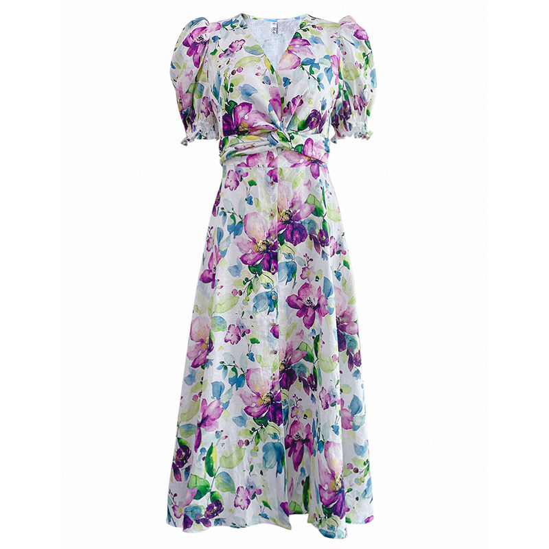 reve高定天丝亚麻紫槿花法式连衣裙 ReVe芮芙高定女装连衣裙