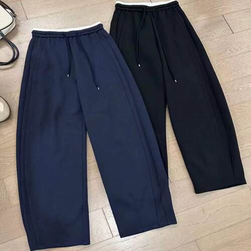 撞色抽绳松紧腰拖地阔腿裤女欧洲站2026春装新款直筒香蕉弯刀长裤 - 图0