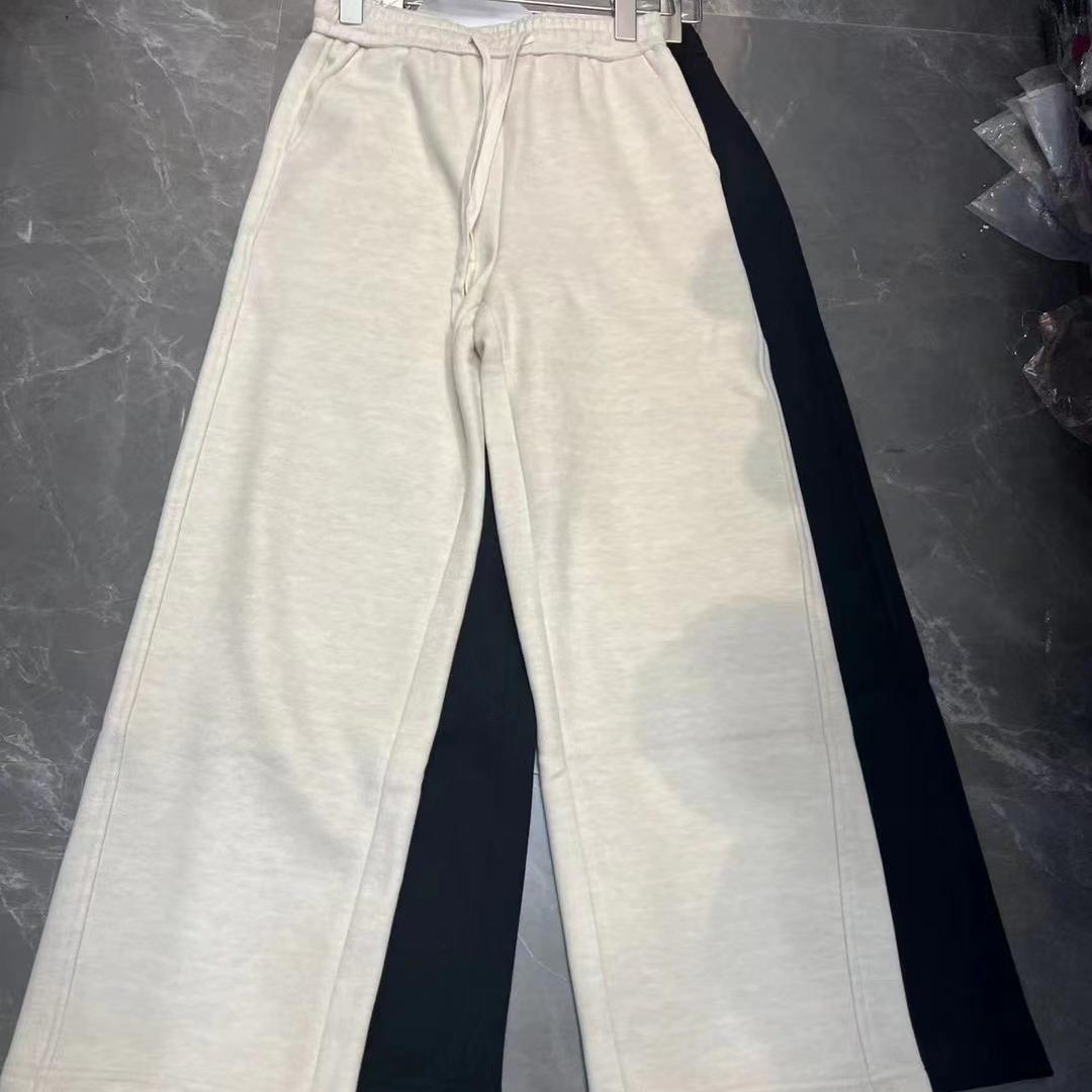 欧货抽绳高腰羊绒阔腿裤女2025秋冬宽松显瘦加厚米色直筒拖地长裤 - 图3