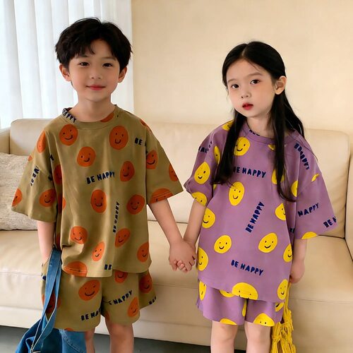 童套装2026夏款男女童宽松休闲韩版笑脸印花兄妹装短袖短裤套装 - 图1