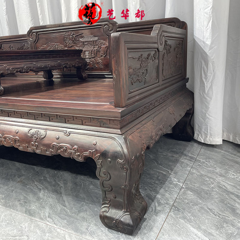 红木家具大红酸枝交趾黄檀山水罗汉床两件套明清古典沙发床榻 - 图2