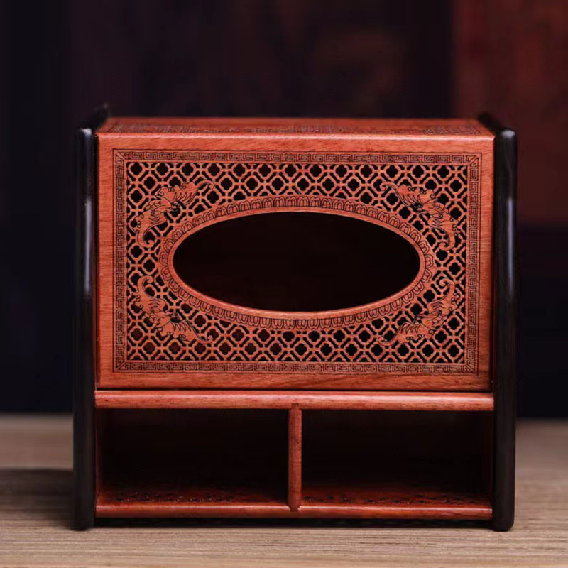 紫光檀嵌缅花遥控器纸巾收纳盒红木多功能创意客厅家用实木抽纸盒 - 图2