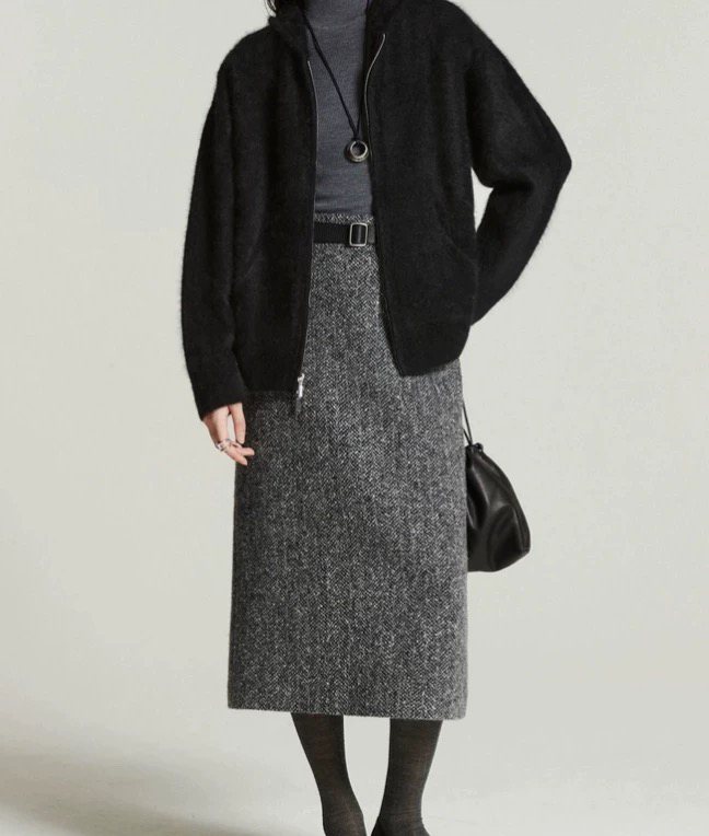 樟度/意大利进口MTT/Moessmer珠片花呢后开衩中长裙/半裙 - 图0