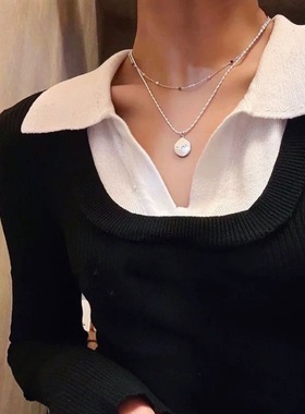 韩国ins银色小米粒圆片字母吊牌项链轻奢时尚高级感冷淡风锁骨链