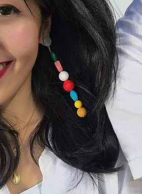 独家自制多巴胺欧美时尚新款七彩串珠个性独特无耳洞不对衬耳夹女
