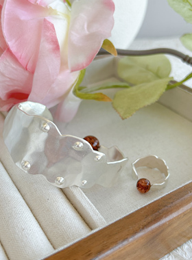 欧美简约正版复刻天然玛瑙圆勺烧白银手镯开口女高级轻奢纹理戒指