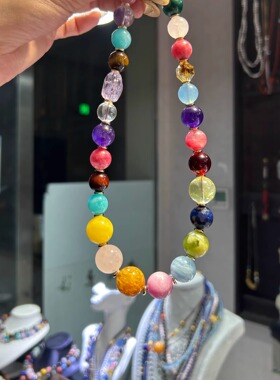 朱珠同款天然水晶多色不规则珠子穿绳多宝圆珠款项链七彩绚丽