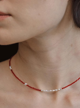 本命年串珠天然珍珠串珠项链高级感红尖晶锁骨链复古配饰小众项链