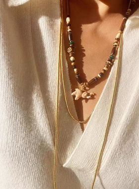 25爆款粉色新款小象珐琅项链天然宝石串珠女高级轻奢小众设计竹节