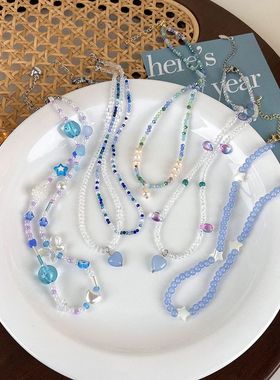 蓝色系手工彩色串珠项链女夏百搭叠戴水晶辣妹锁骨链简约T恤颈链