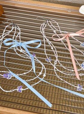 可爱甜心芭蕾风颈链蝴蝶结串珠三层叠戴项链粉色蓝色丝带锁骨链