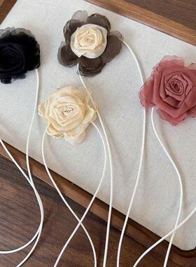 新中式干枯玫瑰花朵项链女choker项圈山茶花颈带锁骨颈链脖子配饰