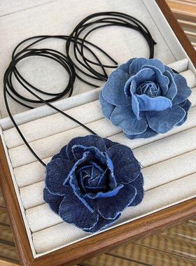 蓝色牛仔山茶花颈链choker芭蕾风甜酷少女夏季甜酷绑带颈带锁骨链