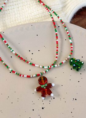 甜美氛围感圣诞项链可爱卡通彩色串珠圣诞树姜饼人串珠锁骨链跨境