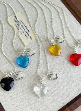 韩国博主同款夏日多巴胺彩色爱心吊坠项链女抽拉可调节长款锁骨链