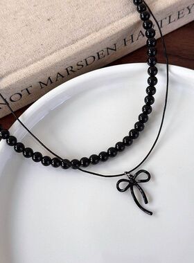 甜酷风黑色蝴蝶结串珠叠戴项链甜美纯欲小众百搭暗色系项链锁骨链