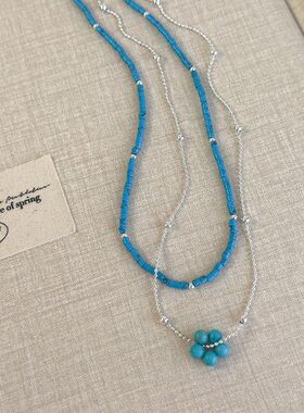 新中式民族风配饰蓝色石头早春小清新串珠花朵项链叠戴锁骨链百搭