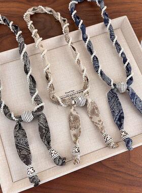 腰果花缠绕珍珠丝巾系脖项链女艺术生独特漂亮挂脖配饰长款毛衣链